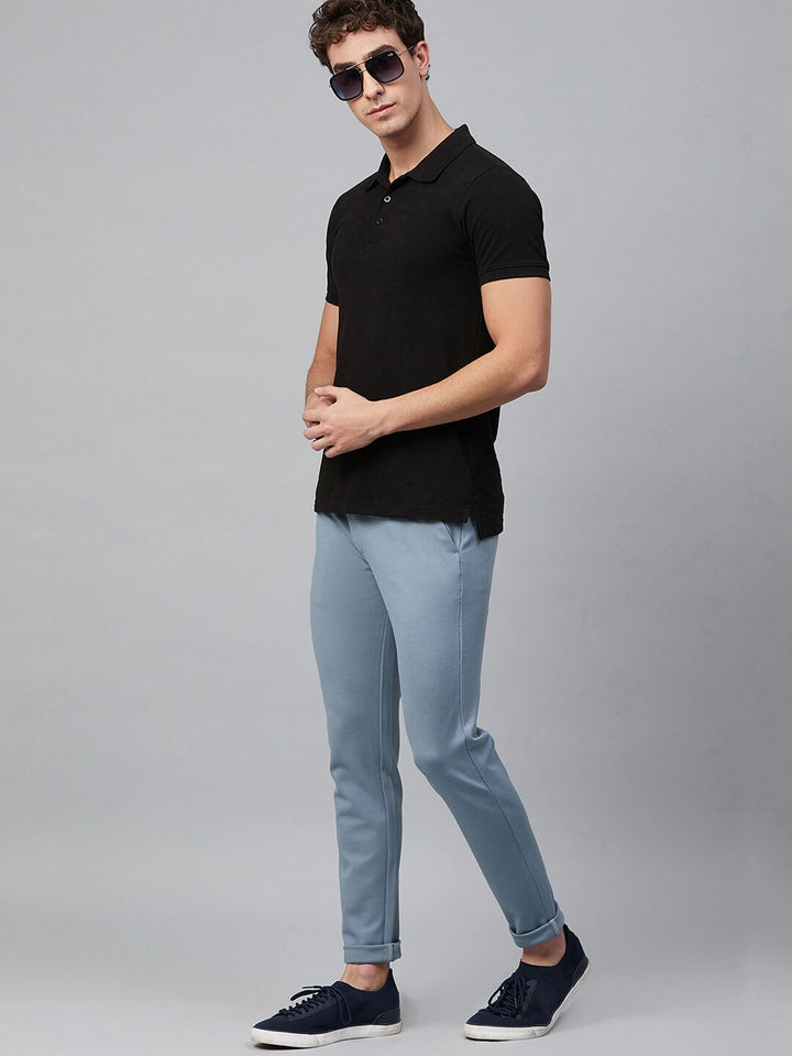 Men Blue Wrinkle Free 4-Way Lycra Smart Skinny Fit Solid Chinos