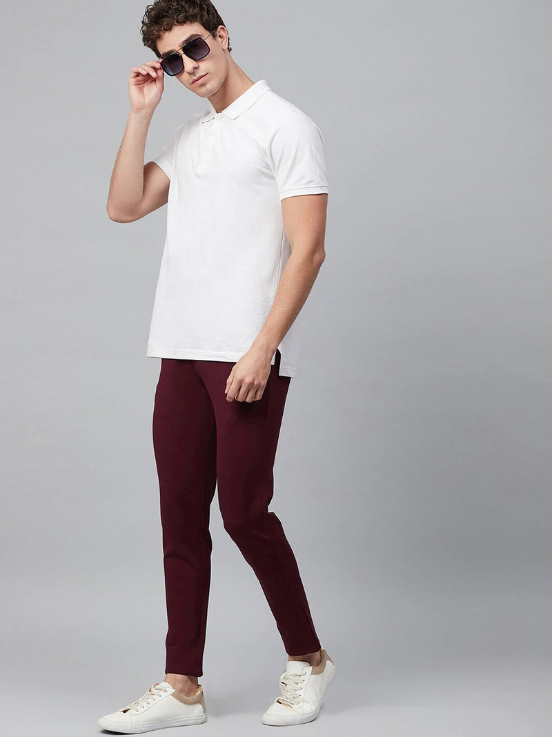 Burgundy: Stretchable Wrinkle Free Cropped Fit Solid Chinos