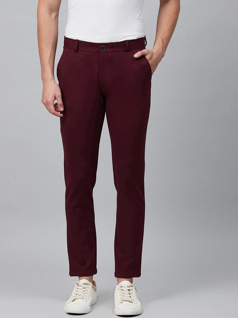 Burgundy: Stretchable Wrinkle Free Cropped Fit Solid Chinos