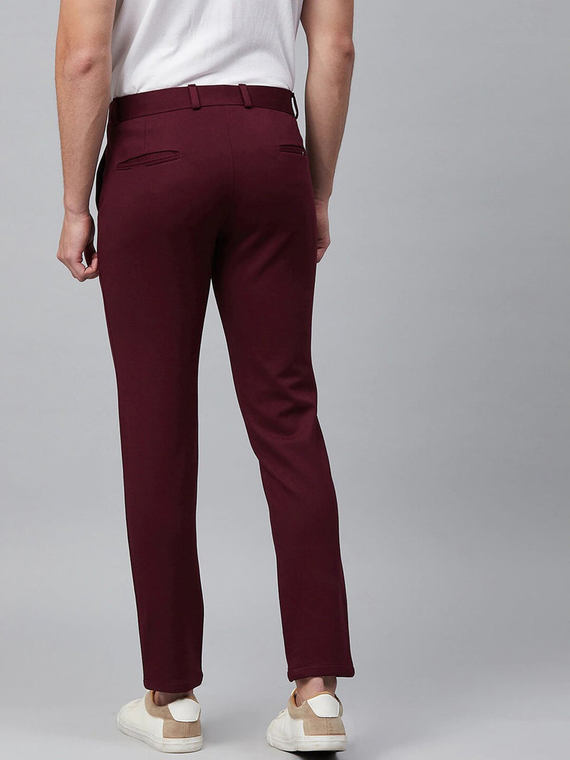 Burgundy: Stretchable Wrinkle Free Cropped Fit Solid Chinos