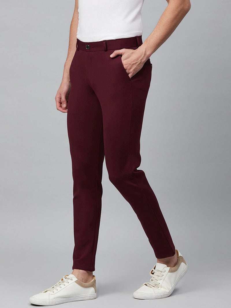 Burgundy: Stretchable Wrinkle Free Cropped Fit Solid Chinos