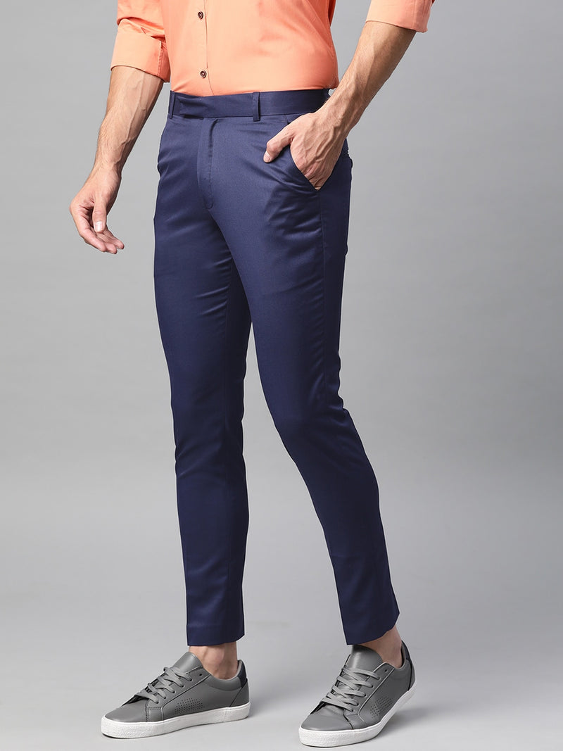 Men Navy Blue Smart Tapered Fit Solid Cropped Regular Trousers