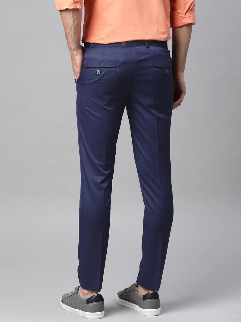 Men Navy Blue Smart Tapered Fit Solid Cropped Regular Trousers