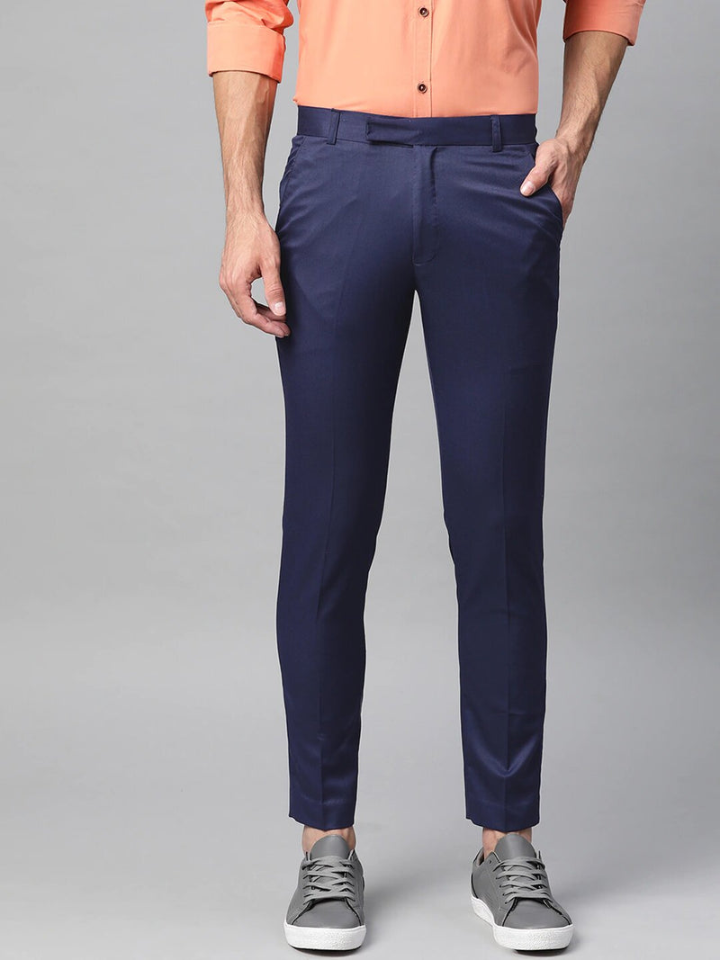Men Navy Blue Smart Tapered Fit Solid Cropped Regular Trousers