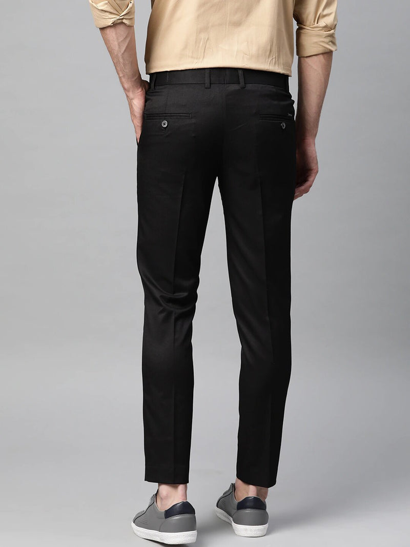Men Black Smart Tapered Fit Solid Cropped Regular Trousers