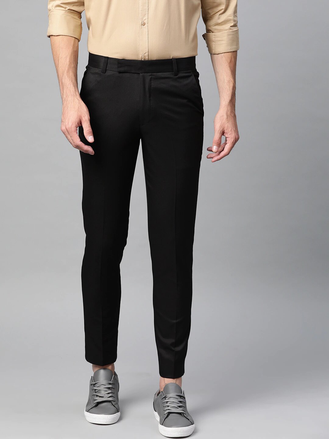 Men Black Smart Tapered Fit Solid Cropped Regular Trousers