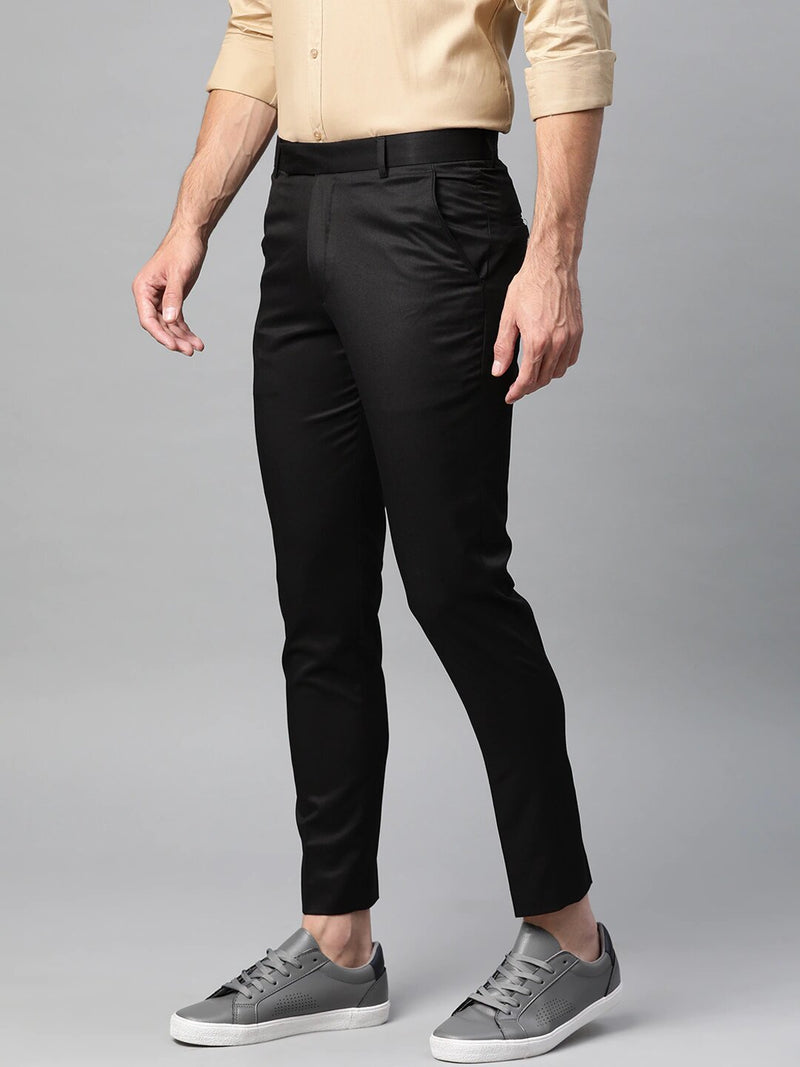 Men Black Smart Tapered Fit Solid Cropped Regular Trousers