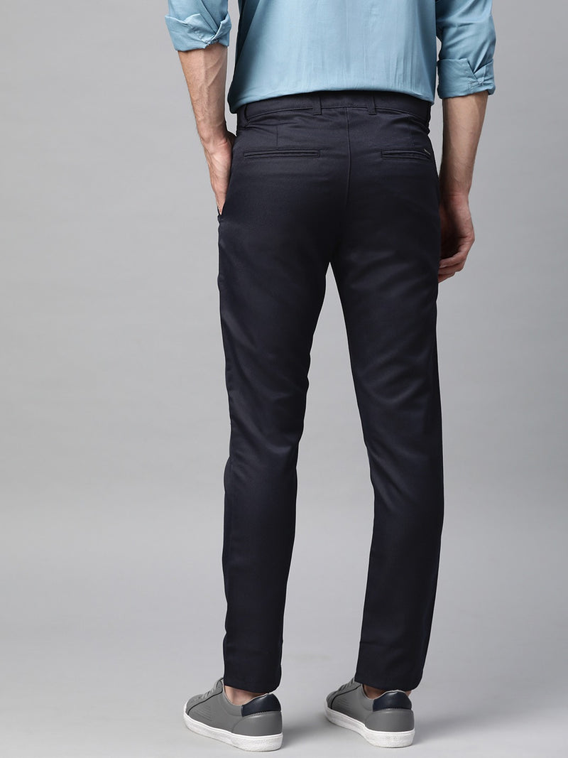 Men Navy Blue Smart Tapered Fit Solid Cotton Cropped Regular Trousers
