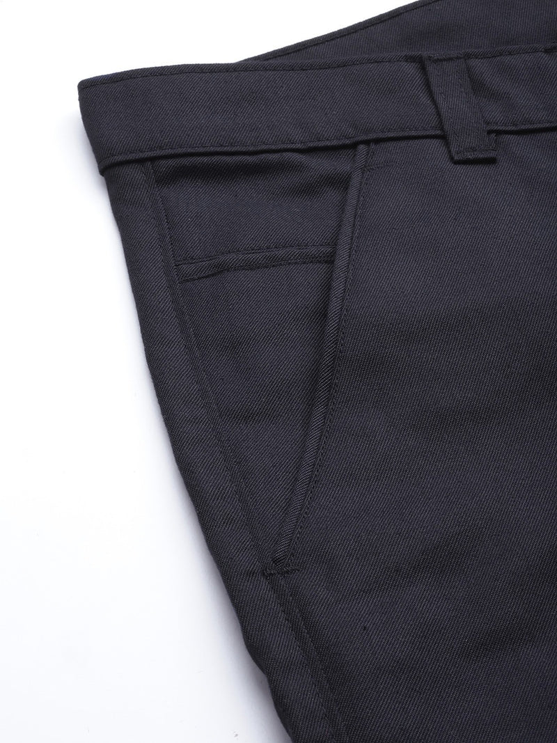 Men Navy Blue Smart Tapered Fit Solid Cotton Cropped Regular Trousers
