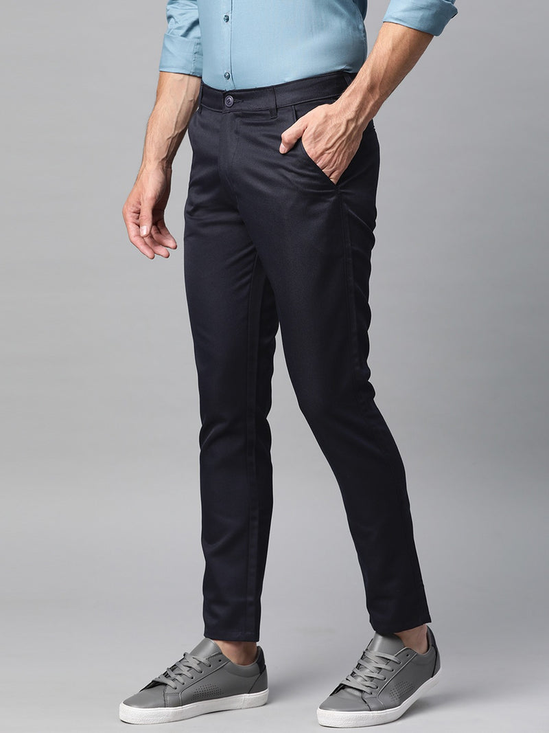 Men Navy Blue Smart Tapered Fit Solid Cotton Cropped Regular Trousers