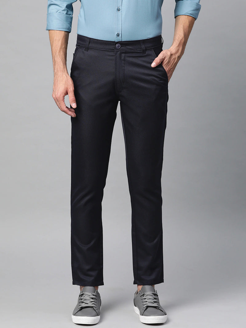 Men Navy Blue Smart Tapered Fit Solid Cotton Cropped Regular Trousers