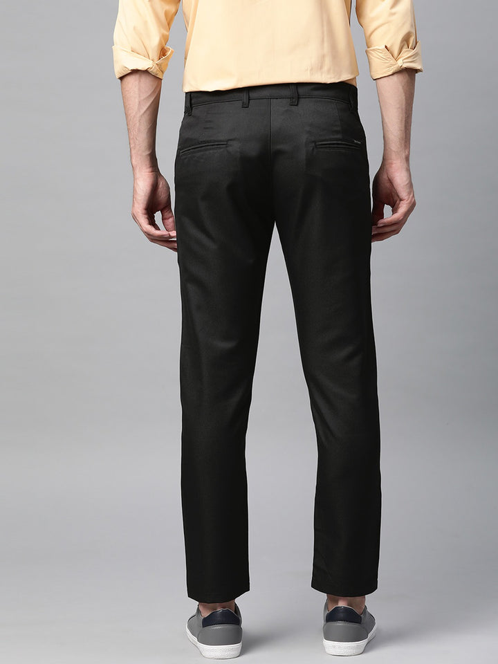 Men Black Smart Tapered Fit Solid Cotton Cropped Regular Trousers
