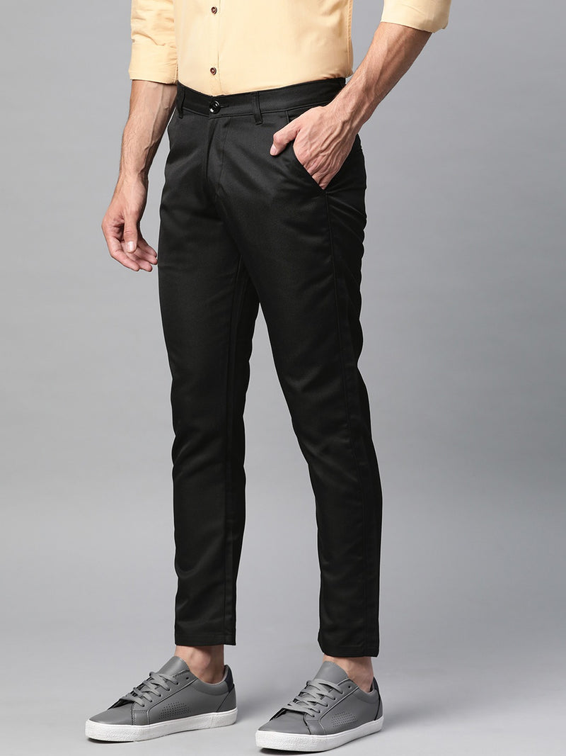 Men Black Smart Tapered Fit Solid Cotton Cropped Regular Trousers