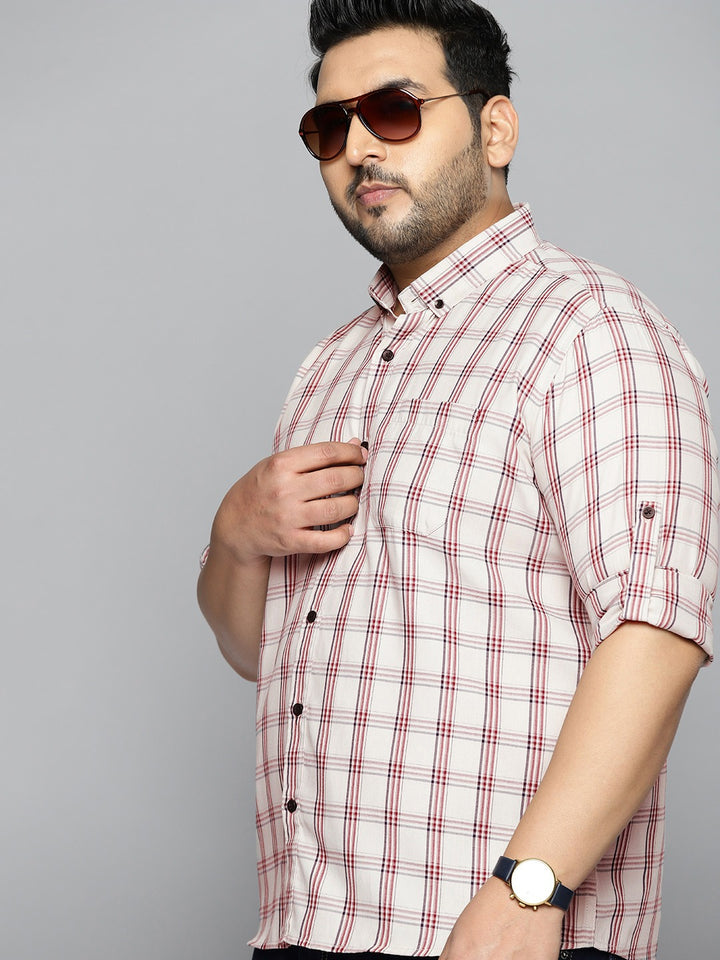 Plus Size Men Cream-Coloured  Red Slim Fit Checked Pure Cotton Casual Shirt