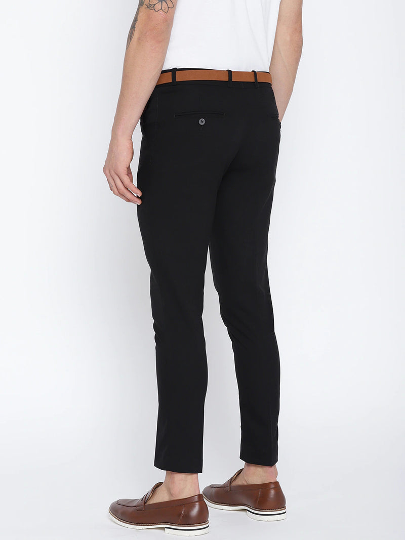 Men Black Comfort Tapered Fit Cropped Trousers