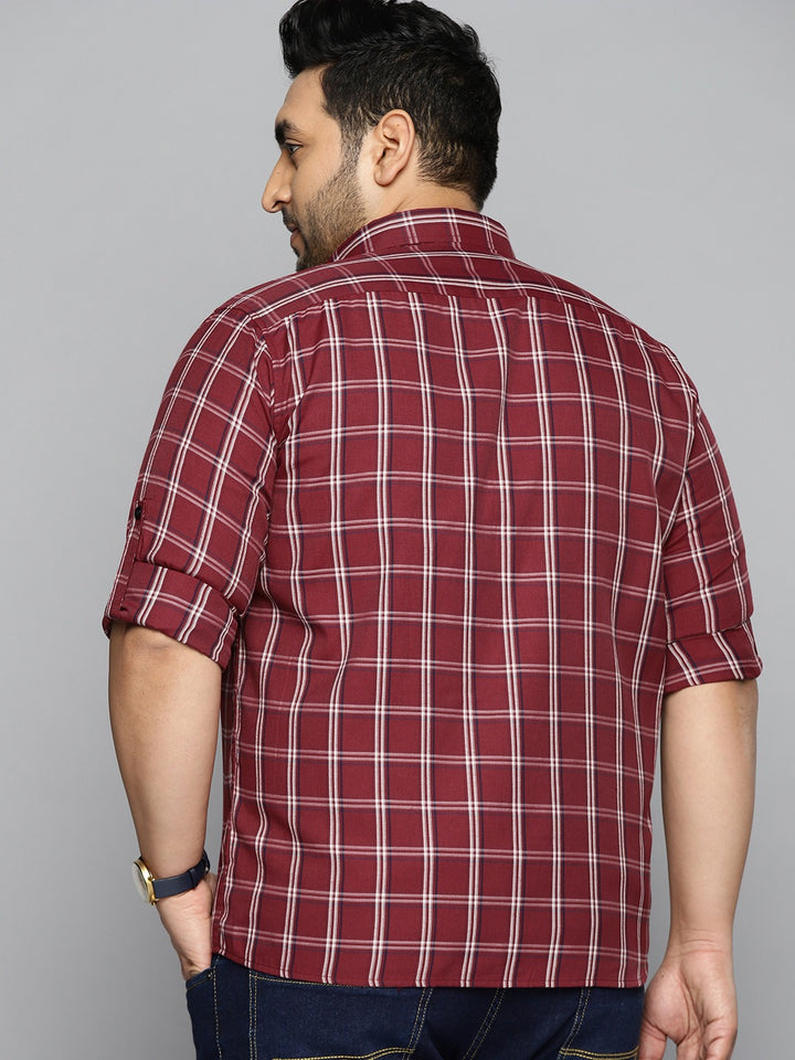 Plus Size Men Maroon  White Slim Fit Checked Pure Cotton Casual Shirt