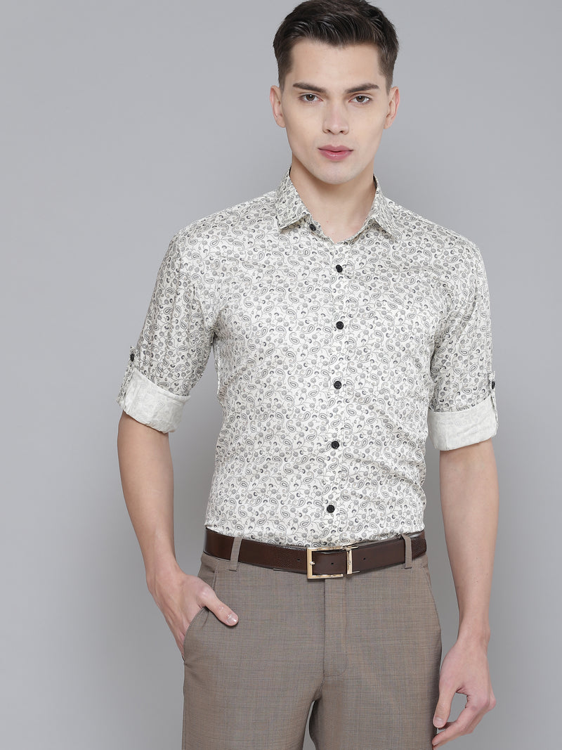 DENNISON Men Cream-Coloured Smart Slim Fit Printed Formal Shirt