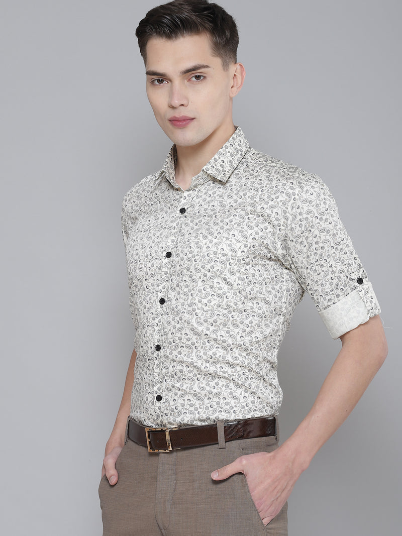 DENNISON Men Cream-Coloured Smart Slim Fit Printed Formal Shirt