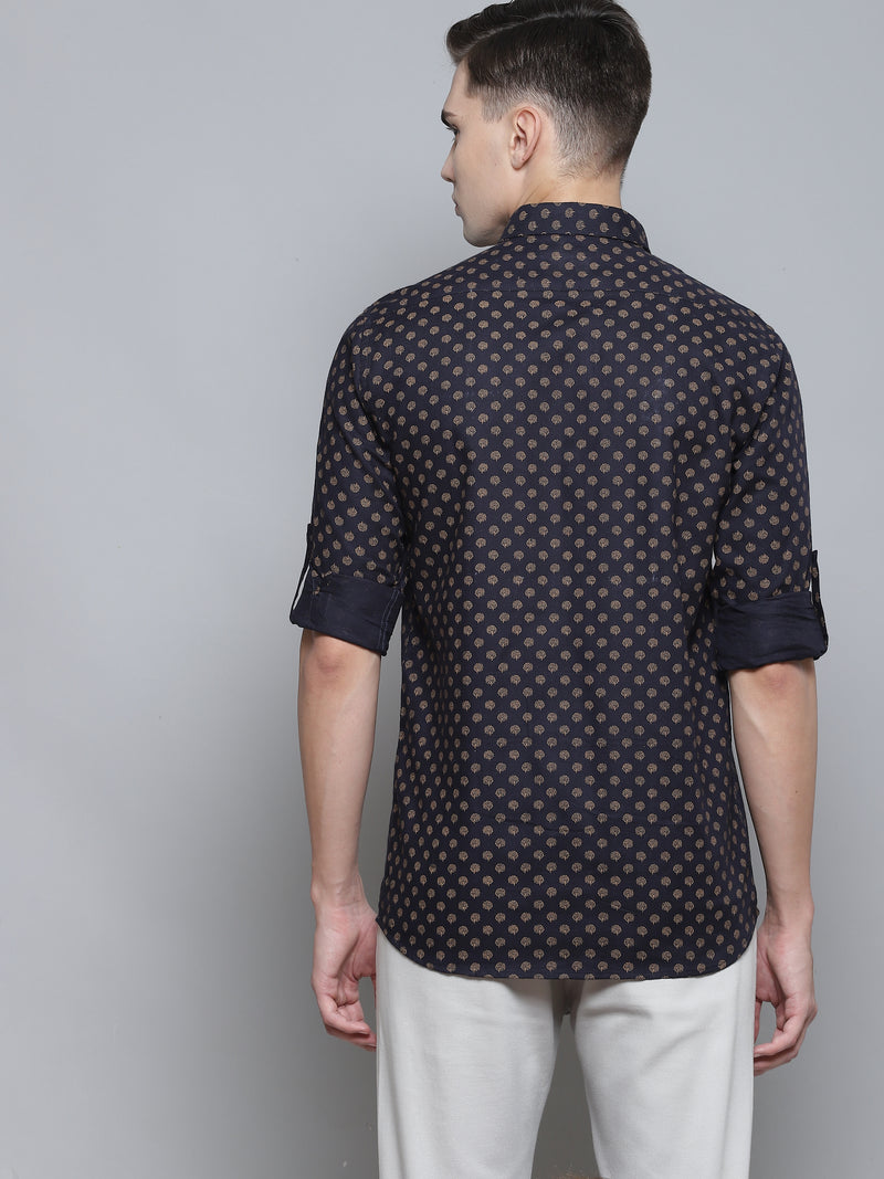 Men Navy Blue Smart Slim Fit Opaque Printed Casual Shirt